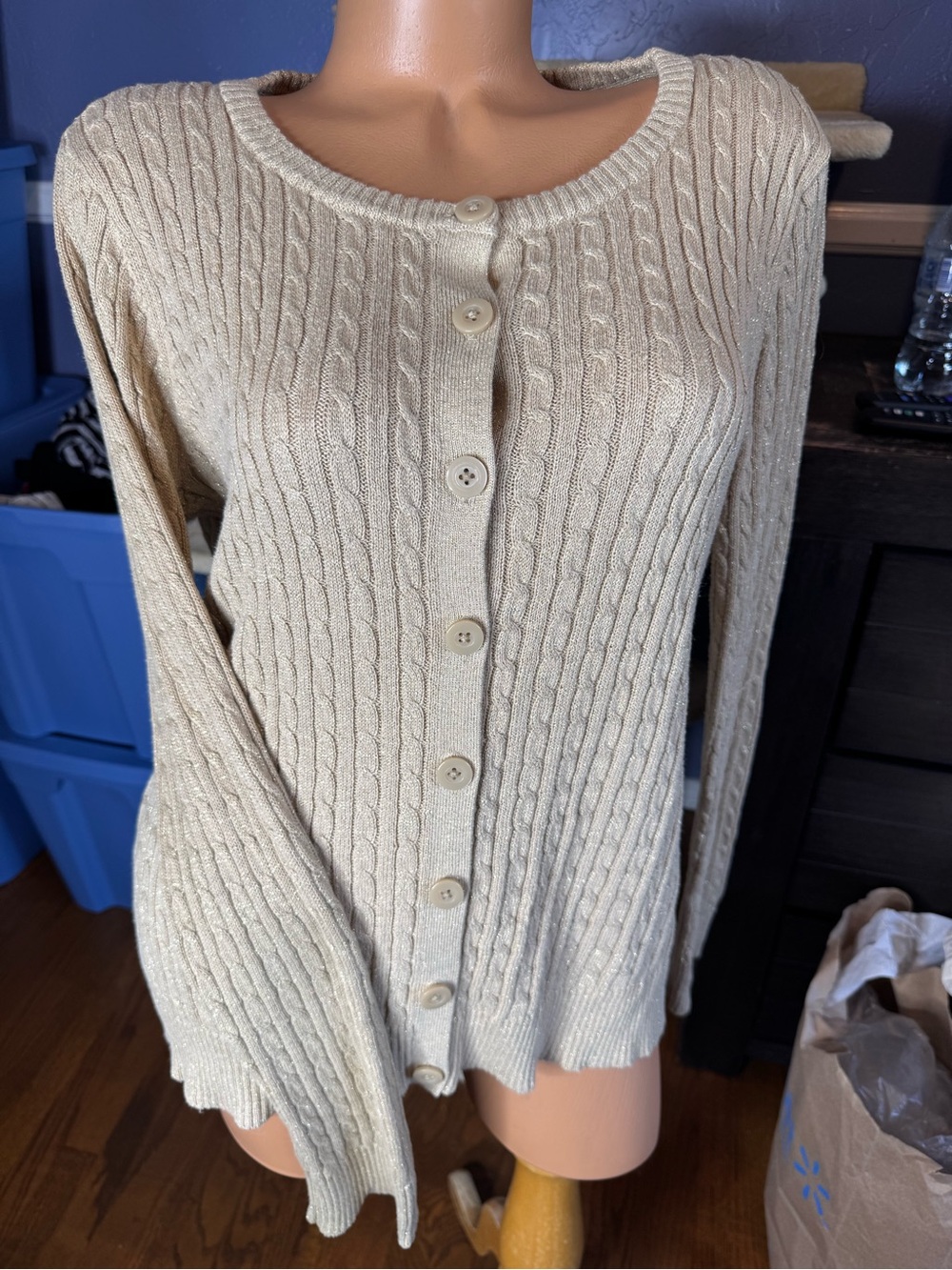 Laura Scott Cream Cable Knit gold sparkly Button-Front Cardigan, SZ Large